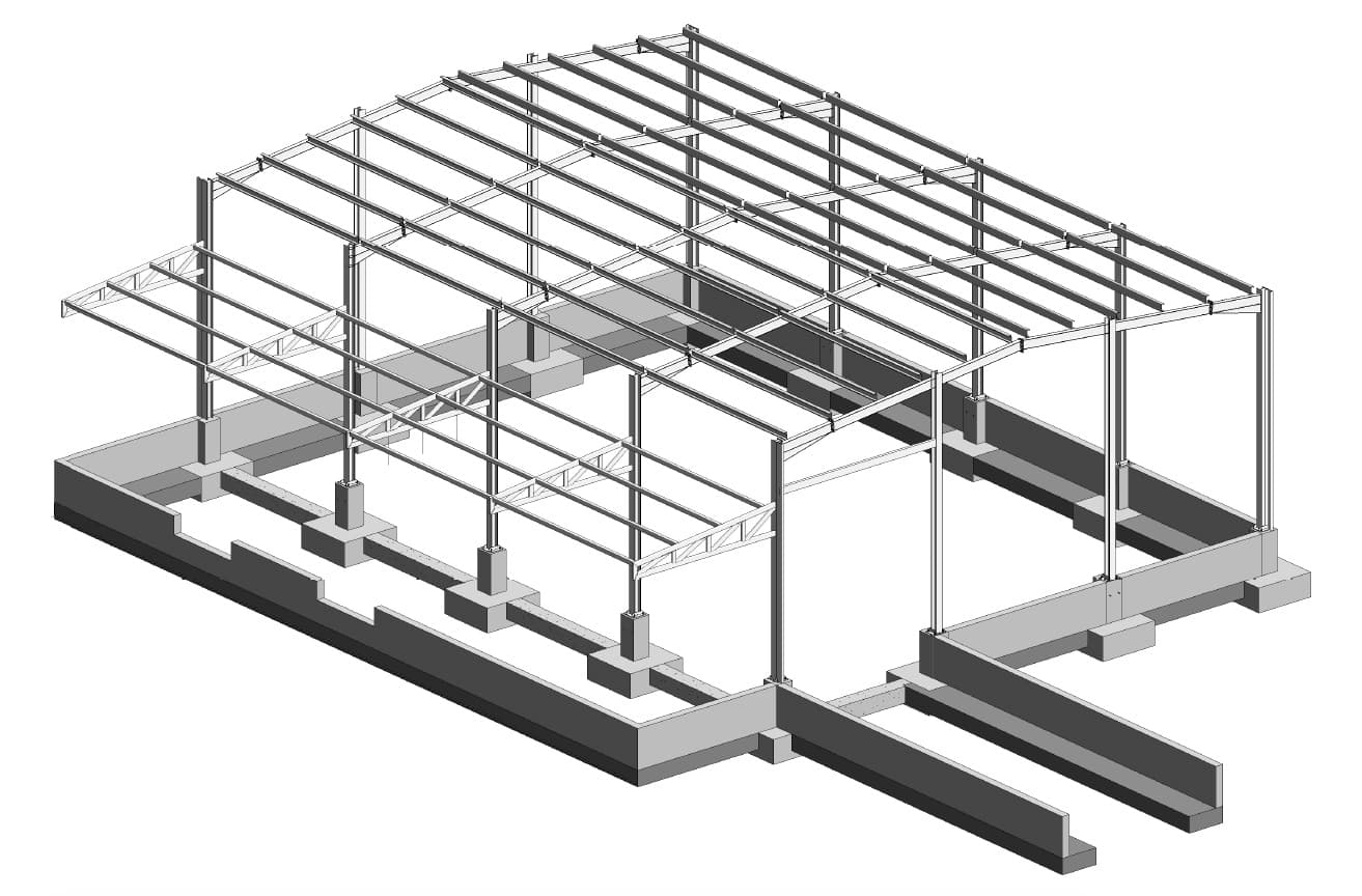 Modelo 3D estructural de una nave agrícola en Moguer, con cimentación por pozos, generado con metodología BIM