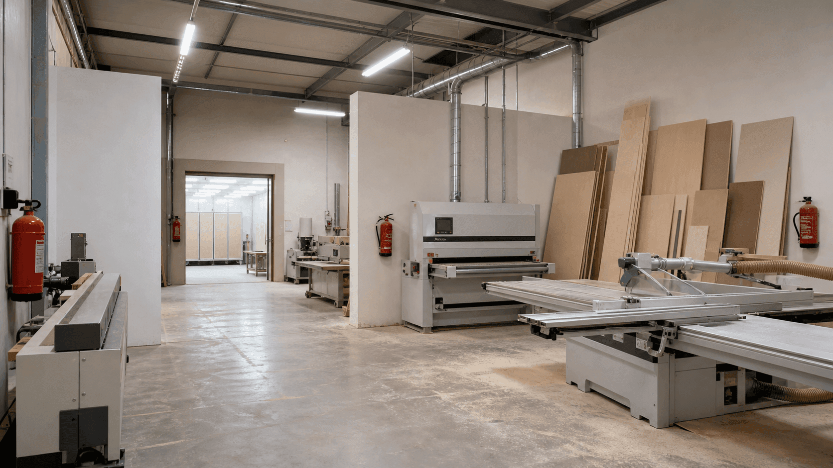 Taller de carpintería de madera con compartimentación cortafuegos visible
