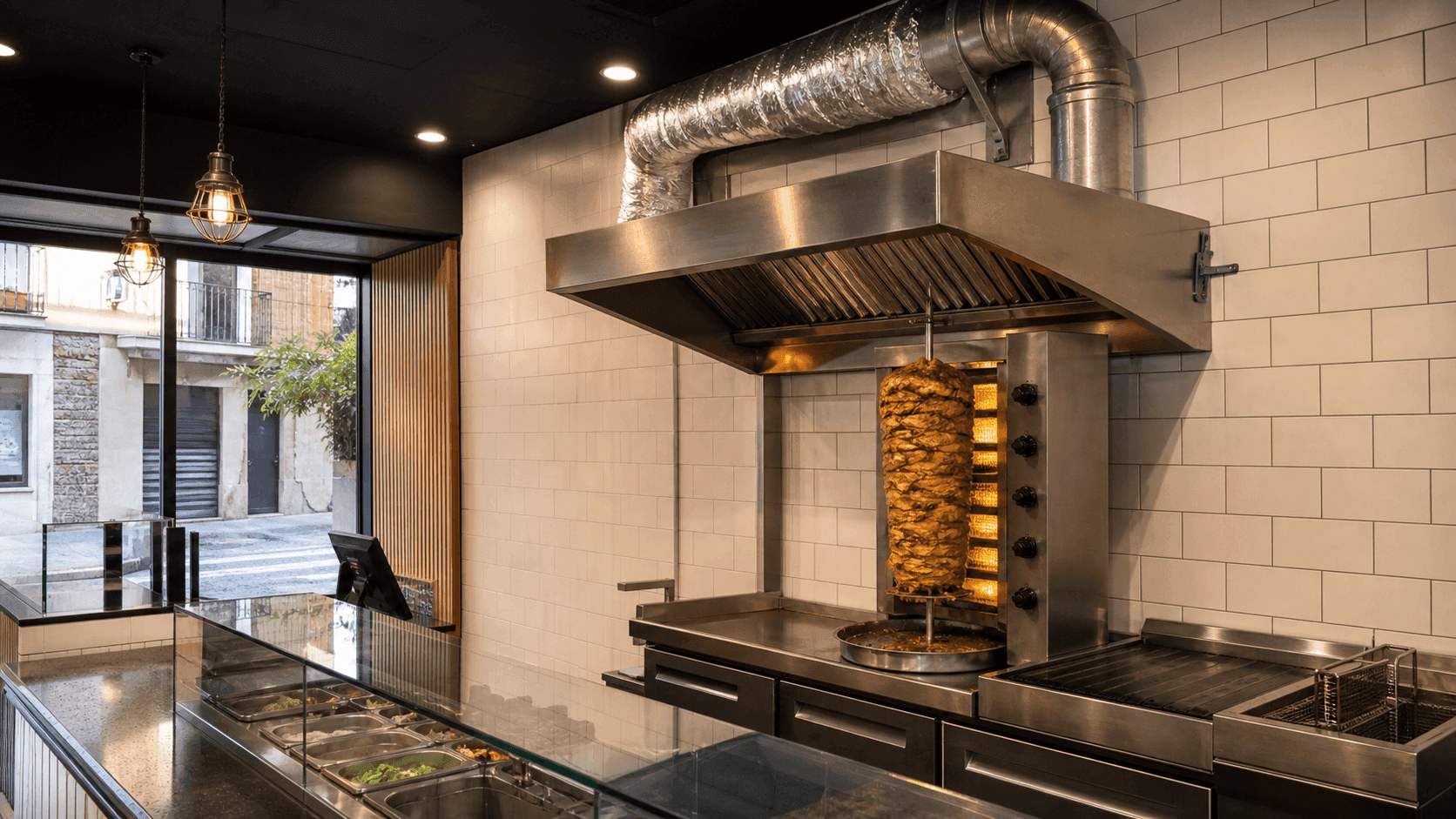 Asador kebab con campana de extracción y filtrado a fachada en Moguer