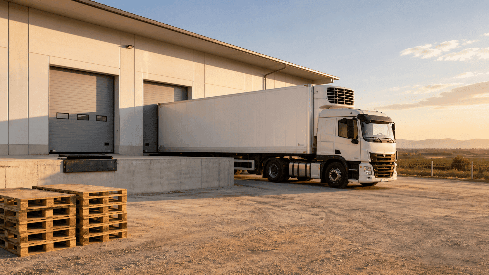 Muelle de carga de nave hortofrutícola con tráiler refrigerado nivelado al dock